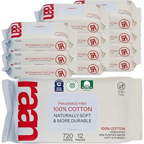 Raan, 100% Cotton Baby & Toddler Wipes, Unbleached, 99% Purified Water, Unscented, EWG verified, Made for Sensitive Skin, Extra Soft and Durable, 12 pack, 720 Count