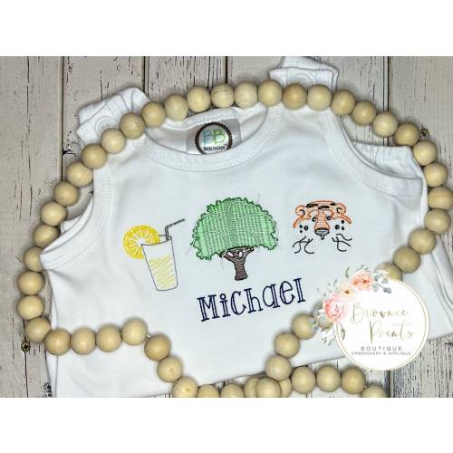 Tiger Mascot Football trio,  act and orange Embroidered shirt, romper, bubble
