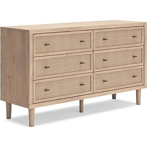 Signature Design by Ashley Cielden Coastal 6-Drawer Dresser with Safety Stop and Textured Cane Details, Light Brown