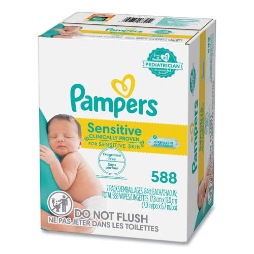 Pampers 80715533 1-Ply 6.7 in. x 7 in. Sensitive Baby Wipes - Unscented, White (7/Carton)