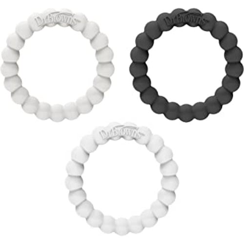 Dr. Brown's Flexees Beaded Teether Rings, 100% Silicone, Soft & Easy to Hold, Encourages Self-Soothe, 3 Pack, Black, White, Gray, BPA Free, 3m+