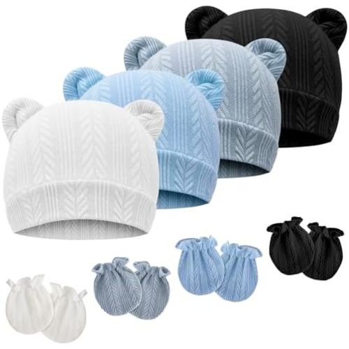 Newborn Baby Hat and Mittens Set Bear Ears Toddler Infant Beanie Caps Newborn Hospital Hat for Baby Boy Girl 0-3 Months