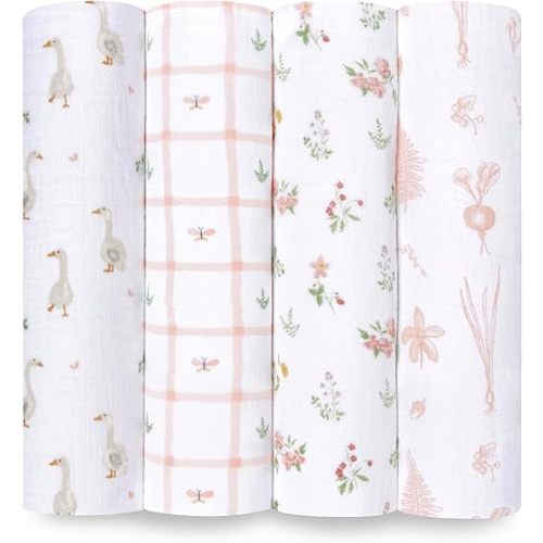 aden + anais Essentials Disney Baby Muslin Swaddle Blankets, Newborn Receiving Blanket for Swaddling, 100% Cotton Baby Swaddle Wrap, 4 Pack, Country Floral