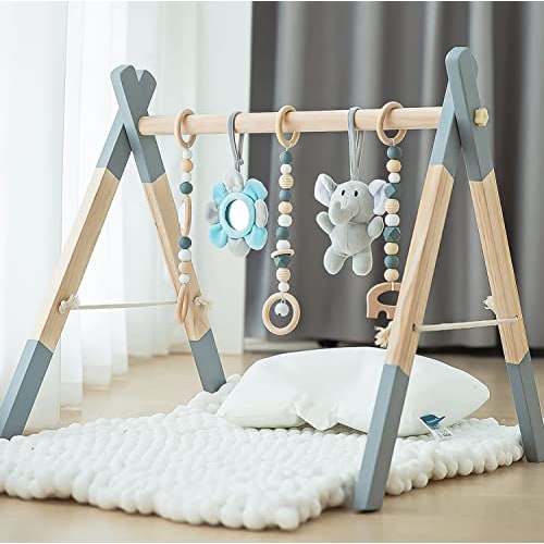 Foldable Wooden Activity Gym Hanging Bar with 5 Gym Baby Toys