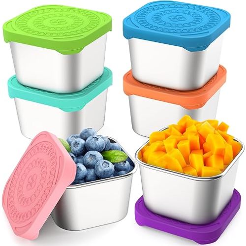 6 Pack 6oz Stainless Steel Snack Containers, Easy Open Leak Proof Stainless Steel Food Storage Containers with Silicone Lids, Small Metal Lunch Box Container for Office, Travel