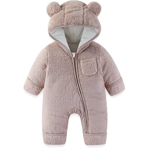 AiWMGL Newborn Baby Bear Outfit With Fold-Over Mittens and Footies 0-3 Months Girls Boys Winter Thickened Fleece Clothes Hooded Romper Snowsuit Gray