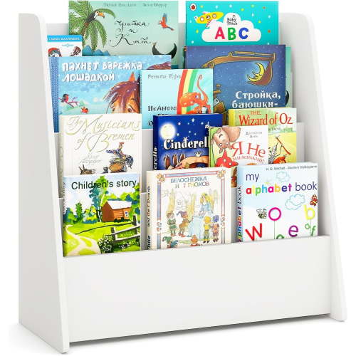 VividVibes 4-Tier Kids Bookshelf, Front Facing Children Bookcase with Deep Compartments, Magazine Storage Rack for Kids Bedroom, Playroom, Nursery, Classroom, Kindergarten (White)