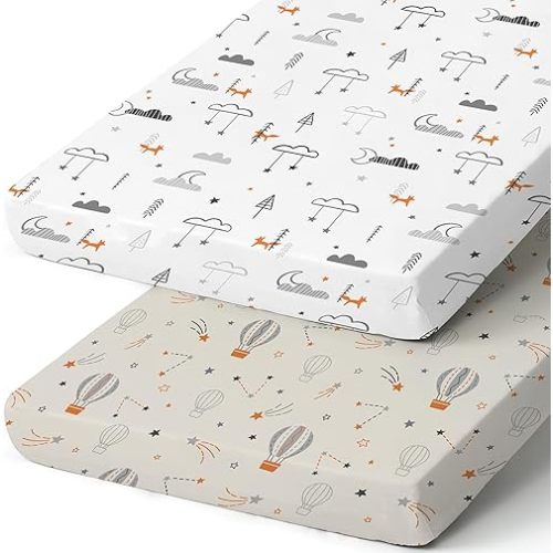 Pack n Play Sheets, BROLEX 2 Pack Mini Crib Sheets,Stretchy Portable Fitted Playard Sheet Set, Convertible Playard Mattress Cover,Ultra Soft Breathable Material,Starsmoon Balloon