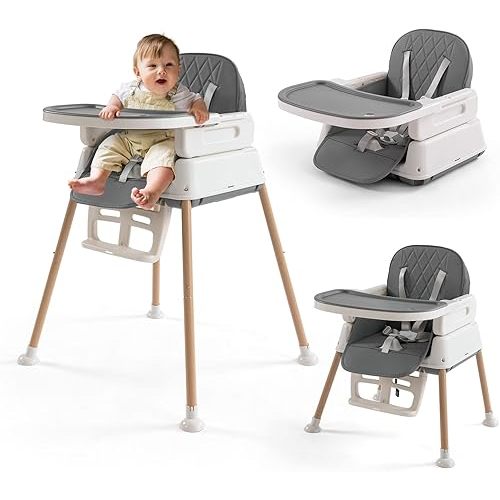 3-in-1 Convertible Baby High Chair with Adjustable Feeding Tray, 5 Point Harness, Footrest - Portable, Gray