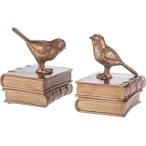 MyGift Vintage Gold Resin Decorative Bookends for Heavy Books with Bird and Book Design, 1 Pair