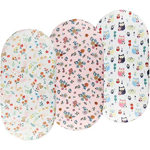 Bassinet Sheets Set 3 Pack for Baby Girl, Stretchy Soft Jersey Knitted Fitted Sheet Universal for Oval Rectangle and Hourglass Bassinet Mattress, Flower, Rabbit and Owl Printing