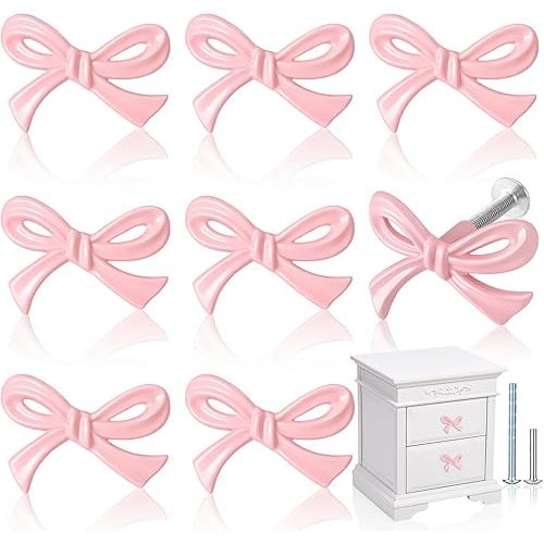 MorningRo 8 Pcs Pink Bow Drawer Knobs Brass Bow Knobs for Dresser Decorative Brass Drawer Pulls Vintage Cabinet Handles for Home Bedroom Kitchen Cabinets Hardware Cupboard (Small Size)