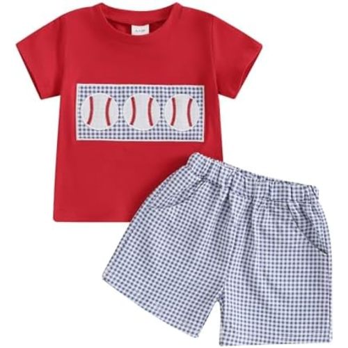 Toddler Baby Boy Summer Clothes Baseball Embroidery Short Sleeve T shirt Plaid Shorts Set Baseball Baby Outfit