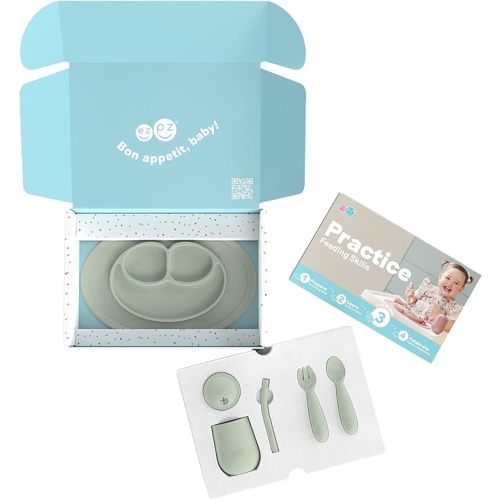 ezpz Kit 3: Practice Feeding Skills (Sage) - Tools to Help Your Toddler Practice Scooping, Piercing, Straw Drinking, and Self-Feeding - Toddler Essentials & Gifts