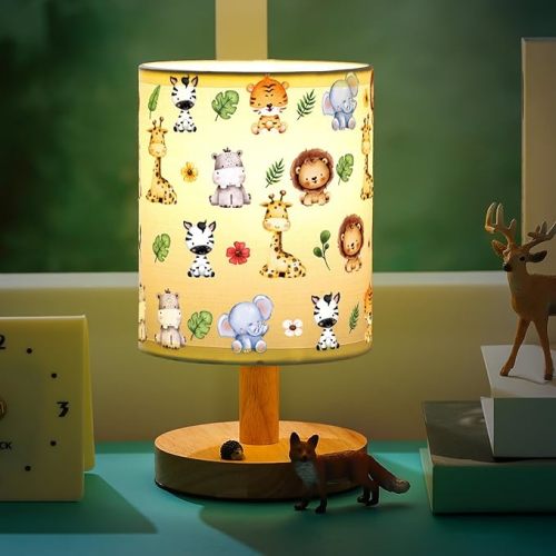 VIHOSE Kids Table Lamp for Bedroom Kids Bedside Lamp with Linen Wooden Nightstand Cartoon Nursery Lampshade for Girls Boys Living Room(Safari Animal)