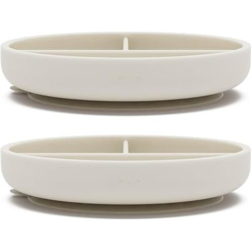 Lalo Suction Plates - 2 Pack, 100% Silicone Non-Toxic BPA-Free Baby Plates with Suction Base To Prevent Accidental Tip-Overs - Suction Plates for Toddlers With Three Divided Sections - Oatmeal