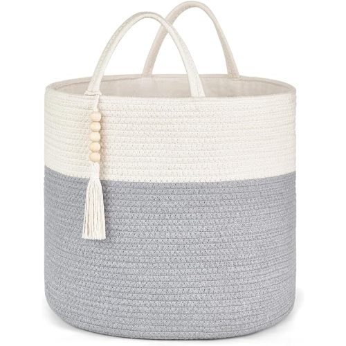 Mkono Woven Storage Basket Decorative Rope Basket Wooden Bead Decoration for Blankets,Toys,Clothes,PlantOrganizer Bin with Handles Living Room Home Decor, Grey and White, 16" W × 13.8"L