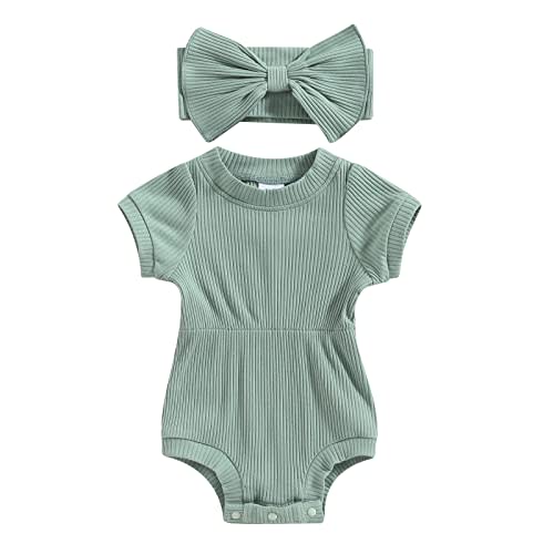 Karwuiio Newborn Baby Girl 2 Piece Outfits Short Sleeve Knit Jumpsuit Romper with Headband Summer Clothes