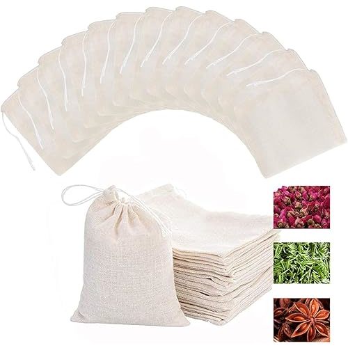Reusable Sachet Drawstring Packing Bags Cheesecloth Cold Brew Coffee Bags 4X3Inch 50 Pcs for Spice,Tea filter,dried herbs,cooking,soup,odds and ends Tare Weight Saver Wrap Cotton Bag (Natural - 50Pcs)