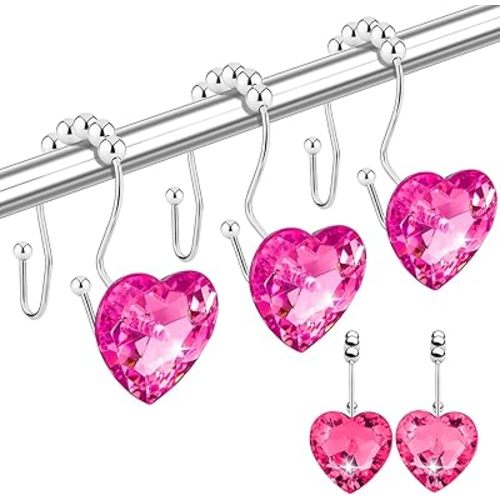 Shower Curtain Hooks Rings for Bathroom, 12PCS Heart Stainless Steel Rust Resistant Decorative Rhinestones Shower Curtain Rings Hangers for Shower Curtains (Double Hook Hot Pink)