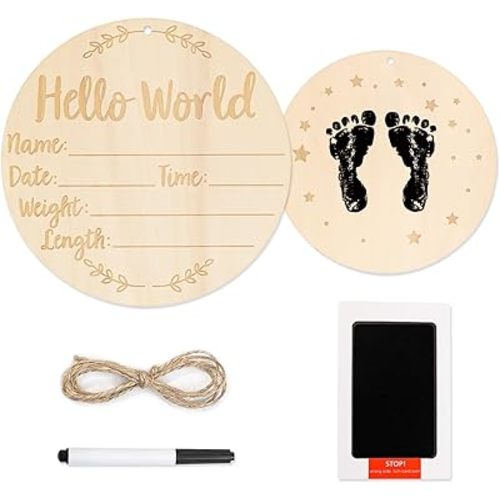 Baby Announcement Sign,Hello World Newborn Sign With Pen And Ink Pad,Wooden Birth Announcement Sign for Hospital Baby Name And Birth Details,Fingerprint Footprints Can be Left on Back.