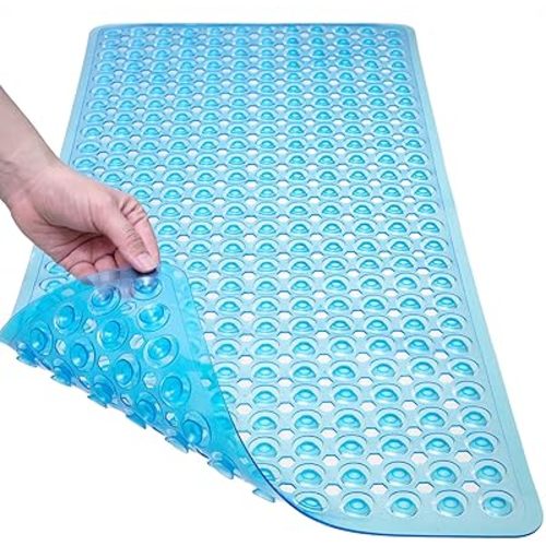 Bath Mat for Tub & Shower, Non Slip Soft Bathmat with Suction Cups & Drain Holes, Machine Washable Bathtub Floor Liner Mats for Bathroom, 35x16 Inch, Clear Blue