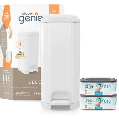 Diaper Genie Select Pail Registry Gift Set (White) | Made of Durable Stainless Steel Metal | Includes 2 Jumbo Refills | Holds 1620 Newborn Diapers