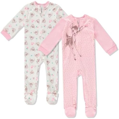 Disney Baby Onesies 2 Pack Zip-Up Sleeper - Winnie The Pooh, Monsters Inc, Dumbo, Bambi - Newborn Girls & Baby Boy's Pajamas