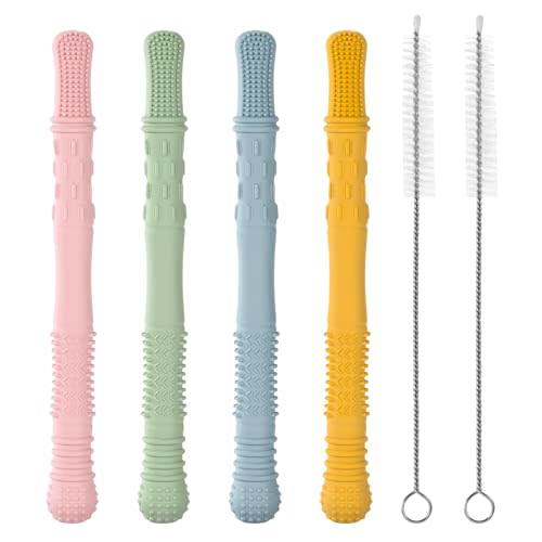 Baby Teething Tubes Teether Sticks, 4 Pack Silicone Hollow Teething Sticks for Babies 6-12 Months Infant Teething Relief Chew Tubes Toddler Teething Straws Baby Gifts Teethers for Kids Girls Boys