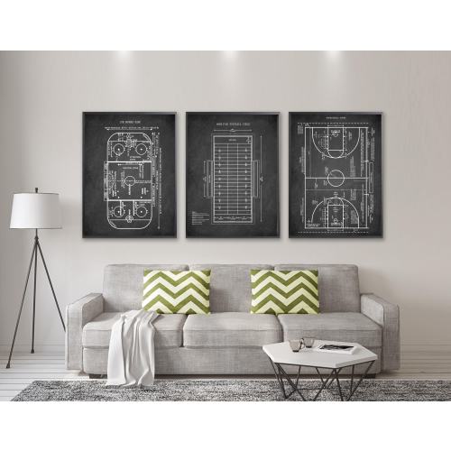 TEAM SPORT FIELDS 3 print set, Ice Hockey Rink poster, American Football Field print, Basketball Court poster