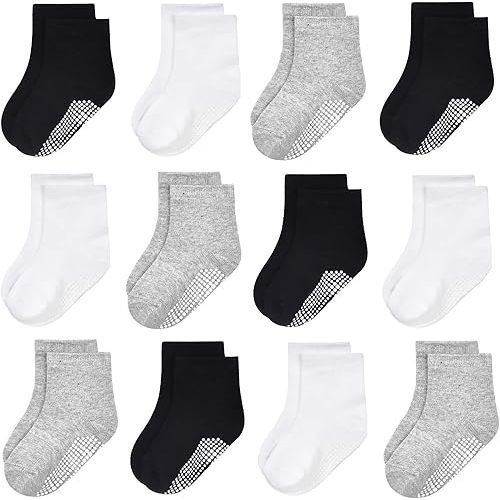 GRPSKCOS Baby Socks for Boys & Girls, 12 Pairs Non Slip Anti Skid Sticky Cotton Socks, 0-7 Years