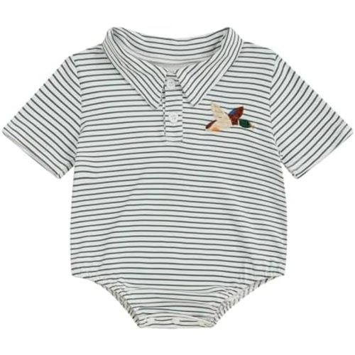 Newborn Baby Boy Embroidery Polo Romper Striped Print Short Sleeve Button Up Bodysuit Infant Summer Clothes