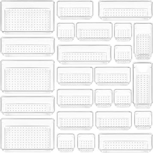 Vtopmart 25 PCS Clear Plastic Drawer Organizers Set, 4-Size Versatile Bathroom and Vanity Drawer Organizer Trays, Storage Bins for Makeup, Bedroom, Kitchen Gadgets Utensils and Office
