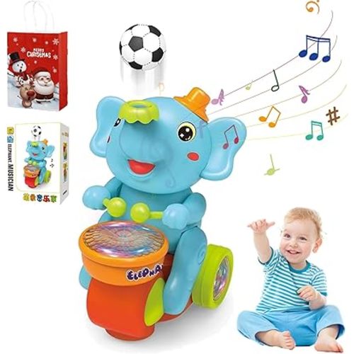 Elephant Football Toy, Drumming Elephant Car Toy, Baby Elephant Football Toy with LED Light and Sound, Universal Wheel and Foam Balls, Lectric Elephant Crawling Toys for Babies 6-12 Months (Blue)