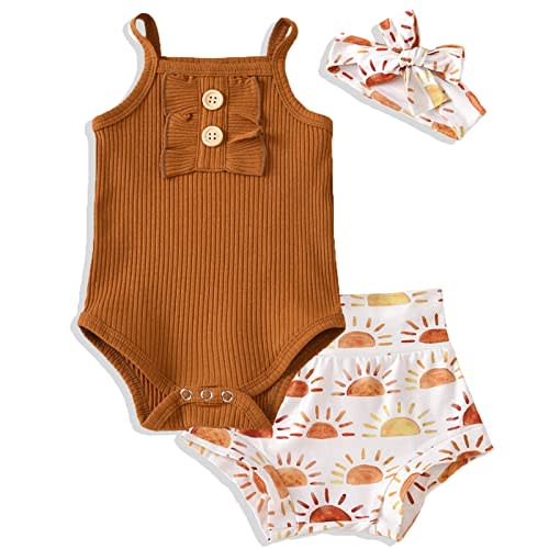AMAWMW Newborn Baby Girl Summer Clothes Ruffle Ribbed Romper Vintage Floral Bloomers Shorts Outfit Infant Gift Set