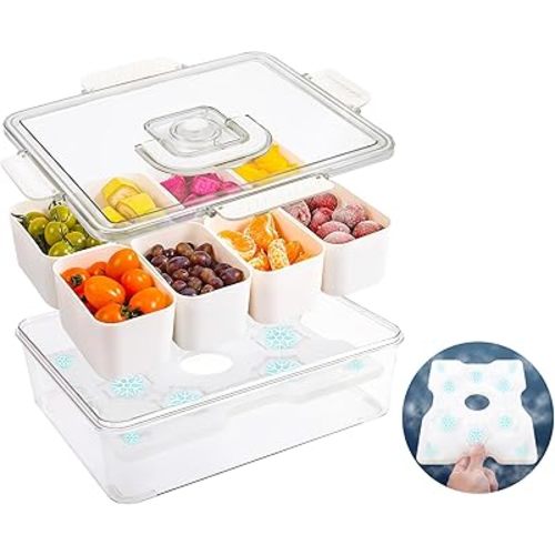 Chilled Serving Tray, Snackle Box Container with Handle, Fruit Platter Tray for Parties, Chilled Condiment Server with Lid, 8 Compartment Snack Container, for Fruits, Veggies,Snacks, Keep Food Cold
