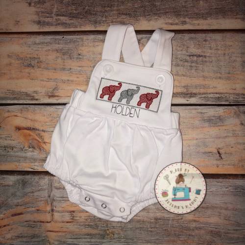 Alabama Football game day embroidery outfit, faux smock elephants, baby boy, baby girl, toddler, sunsuite bubble, tailgate, collegiate