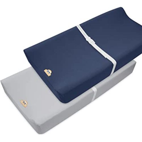 BlueSnail Ultra Soft and Breathable Changing Pad Cover, Stretchy Knit Diaper Change Table Sheets, Cozy and Comfortable Cradle Sheets, Fit 32"/34''x16" Contoured Pad,2 Pack (Navy+Light Gray)
