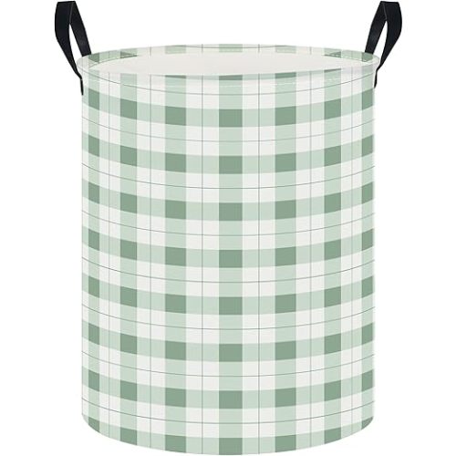 CLOCOR Large Laundry Basket,Waterproof Nursery Hamper,Collapsible Fabric Storage Container,Room Decor,Gift Basket（Green Grid
