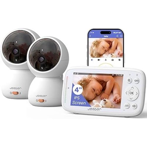 1080P WiFi Baby Monitor with 2 Camera and Audio, Pan-Tilt-Zoom Video Camera, 4'' IPS Screen, HD Night Vision, Motion & Cry Detection, 360° View, Temperature Sensor, Feeding Reminder, Lullabies