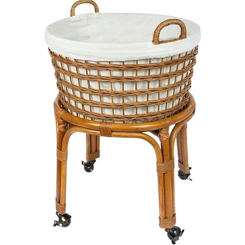 KOUBOO Rolling Wicker Laundry Basket, Handwoven Wicker Hamper with Removable Cotton Liner, Stand, & Locking Caster Wheels, Honey Brown