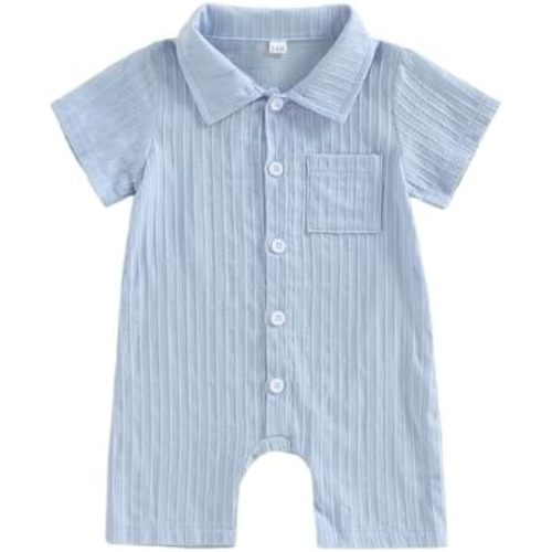 Newborn Baby Boy Clothes Button Down Short Sleeve Shirt Romper Jumpsuit Collared Bodysuit One-Piece Summer Outfit