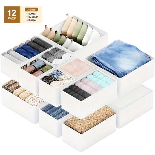 Onekawa Drawer Organizer Clothes, 12 Pack Dresser Organizer for Baby Clothes, Underwear, Sock- Foldable Closet Organization and Storage Dividers Bins for Nursery, Bedroom (White)