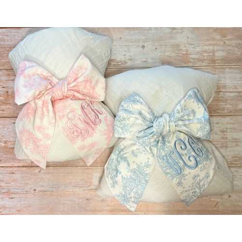 Monogrammed Baby Bow for swaddle, Swaddle blanket bow, large baby bow,monogram bow,baby shower gift, bow wrap,blue toile bow ,pink toile bow