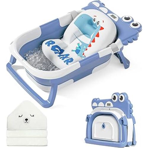 MoreFeel Collapsible Baby Bathtub for Newborn with Thermometer & 1 Hooded Towel & 1 Soft Floating Cushion,Portable Travel Bathtub with Drain Hole, Durable Foldable Baby Tubs for Infants to Toddler