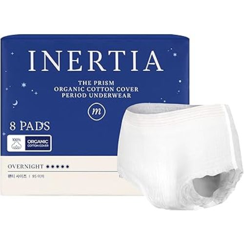 INERTIA Overnight Disposable Underwear – 100% Organic Cotton Cover with Dual Leak Locker Protection | Secure & Comfortable Fit, Unscented, Hypoallergenic, Postpartum Essentials (Size M, 8 Count)