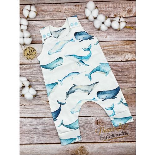Blue Whales Baby Romper, Organic Baby Clothes, Baby Romper, Harem Romper, Ocean Baby Clothes, Trendy &  Modern Baby, Unique Baby Clothes