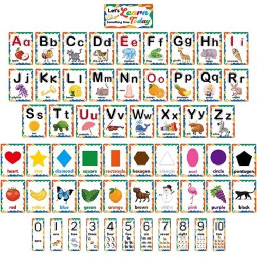 D-FantiX 58 Pieces Alphabet and Number Bulletin Board Set, Manuscript Educational Preschool Cards, Early Learning Alphabet Number Colors Shapes Posters, Kindergarten Classroom Wall Decoration