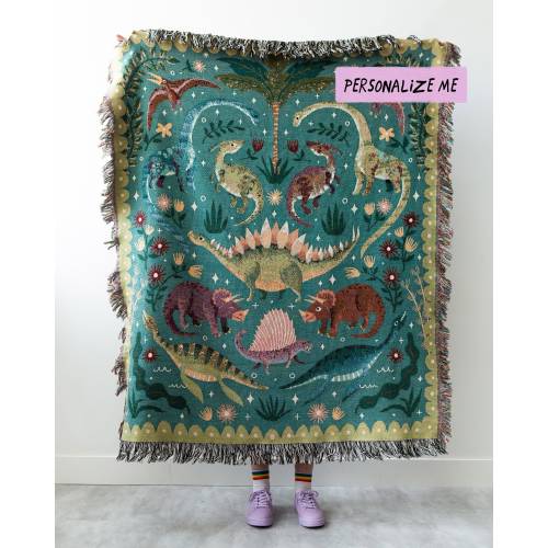 Dinosaur Personalized Throw Blanket: Woven Cotton Throw, Cute Stegosaurus Brontosaurus Triceratops, Colorful Kids Teen Bedroom, Christmas