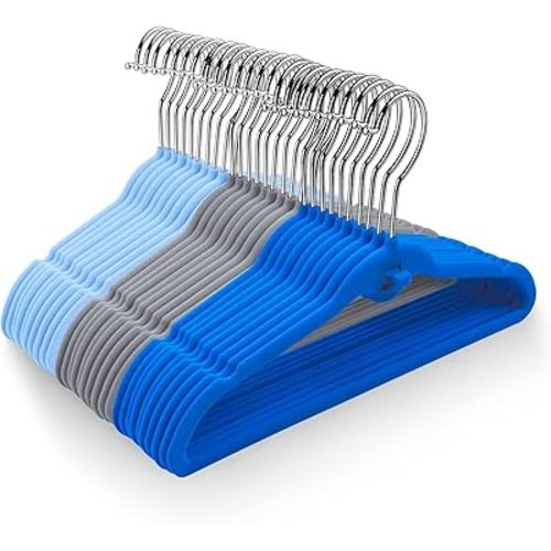 Pack of 30 Kids Velvet Hangers, Non-Slip Space-Saving with Cascading Mini Hooks, Multi-Color (Navy Blue, Light Blue and Grey) Baby and Toddler Clothes Organization